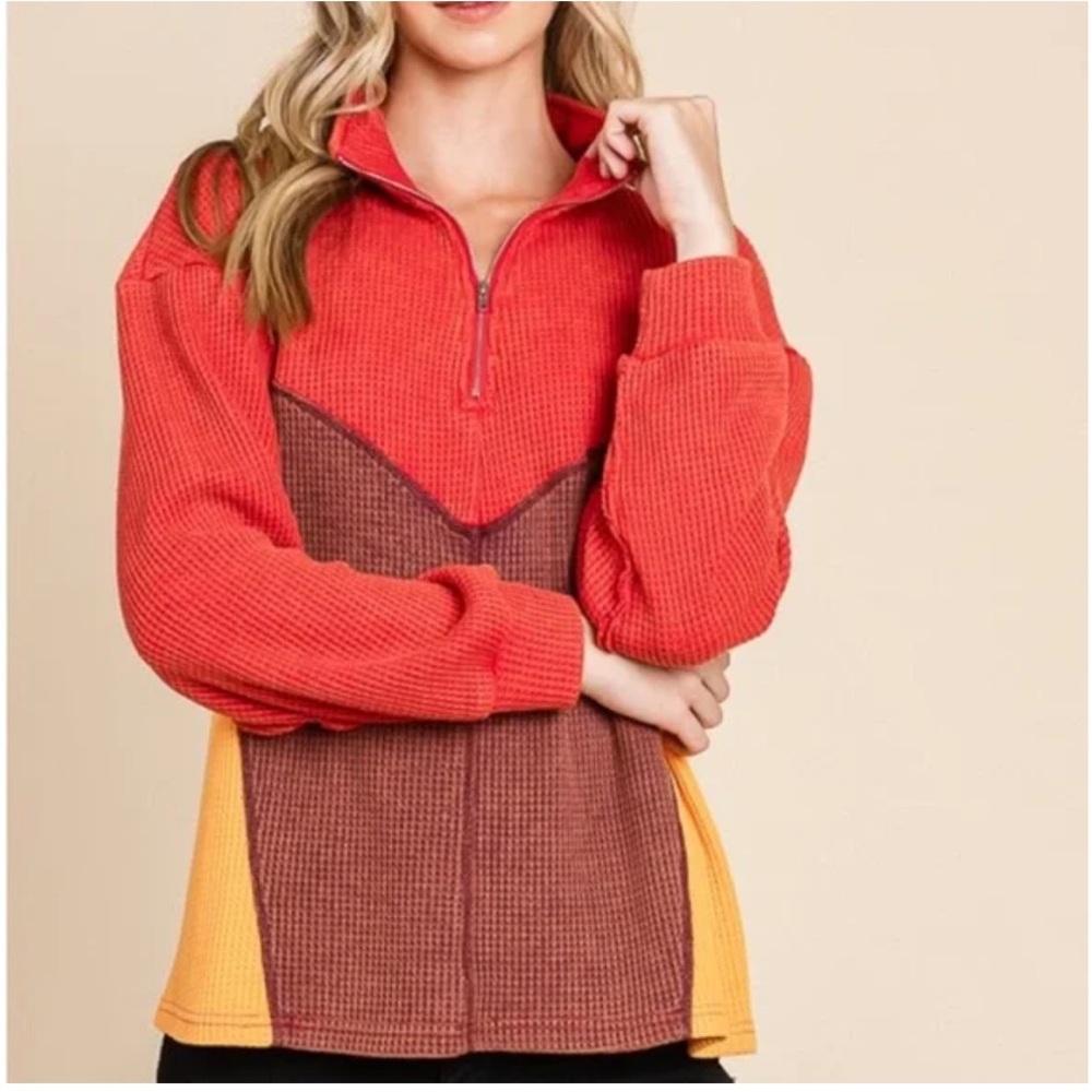 Colorblock Half-Zip Sweater - Red, Brown, Yellow NWT